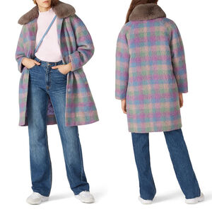 Tanya Taylor Vikki Pastel Plaid Wool Alpaca Blend Coat (Missing Fur Collar) - XS